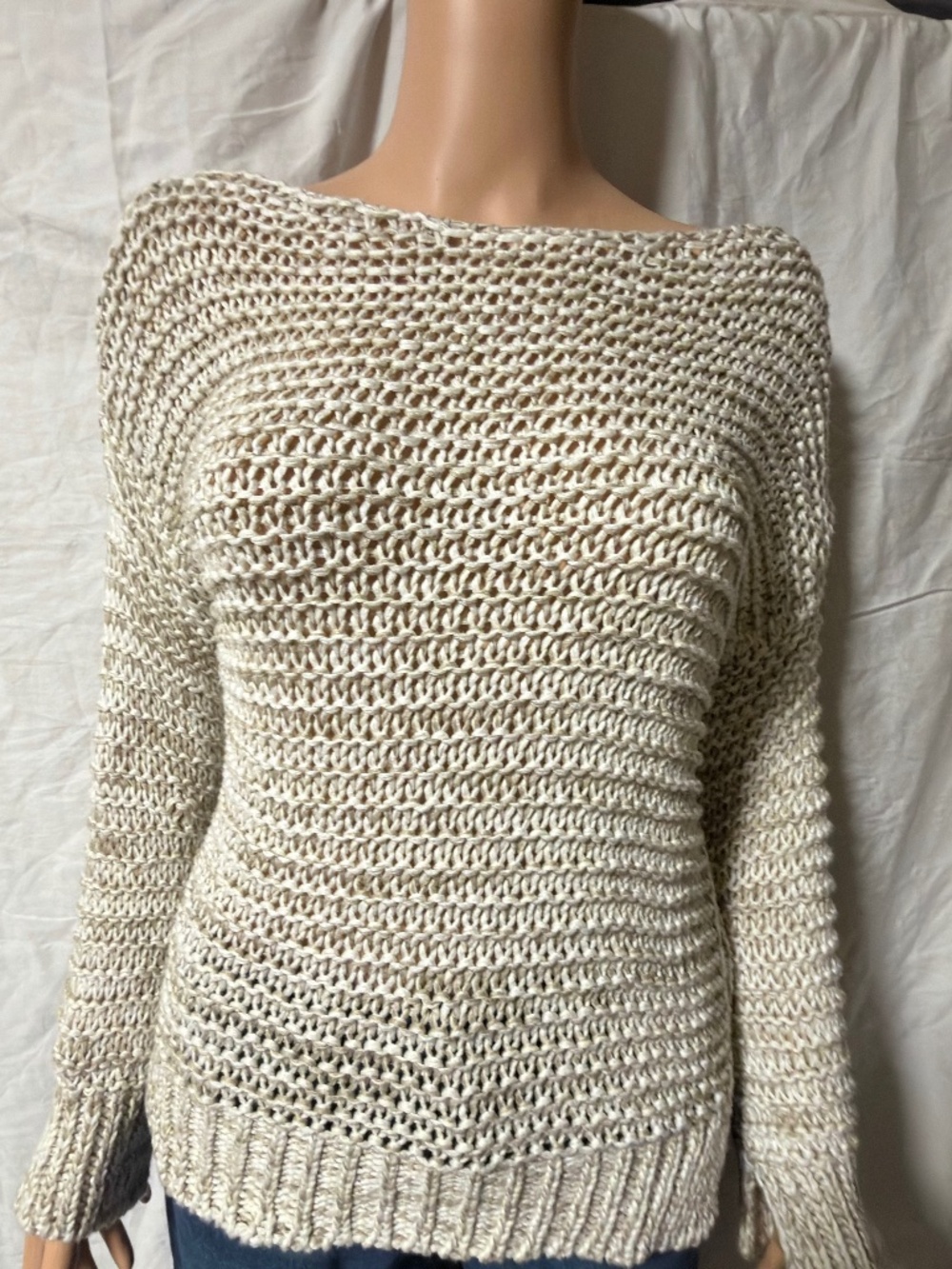 ZARA Knit Chunky Open Weave Boatneck Sweater Thumbholes Cream Tan S